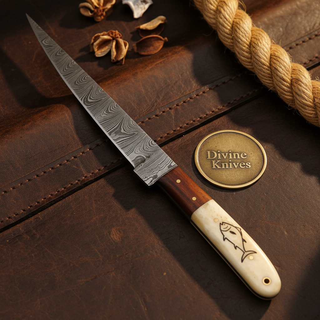 Camel Bone Fillet Knife with Flexible Forged Blade and Engraved Fish Motif Handle