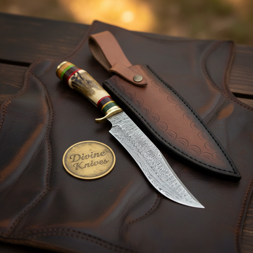 Antler Damascus Clip Point Bowie with Colorful Rings Handle
