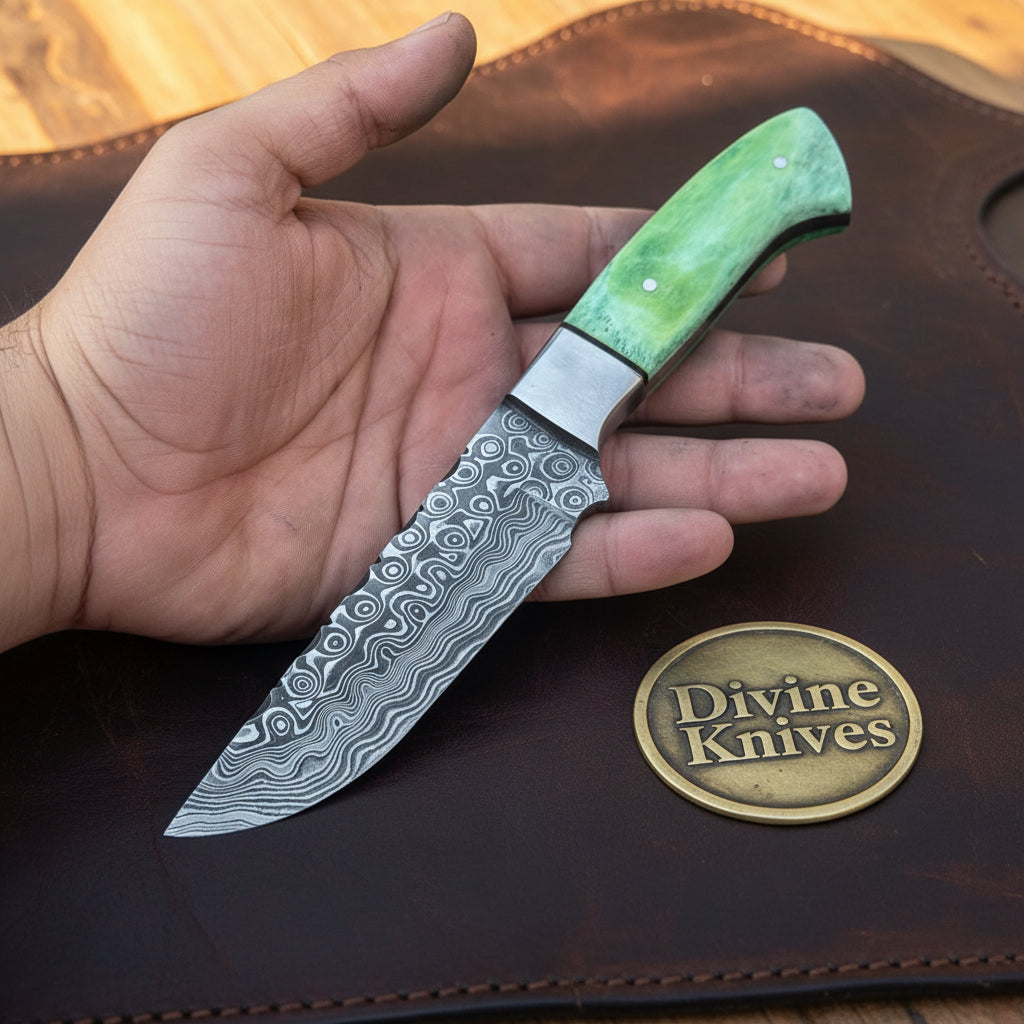 Green Damascus Drop Point Hunter with Mosaic Ricasso Pattern