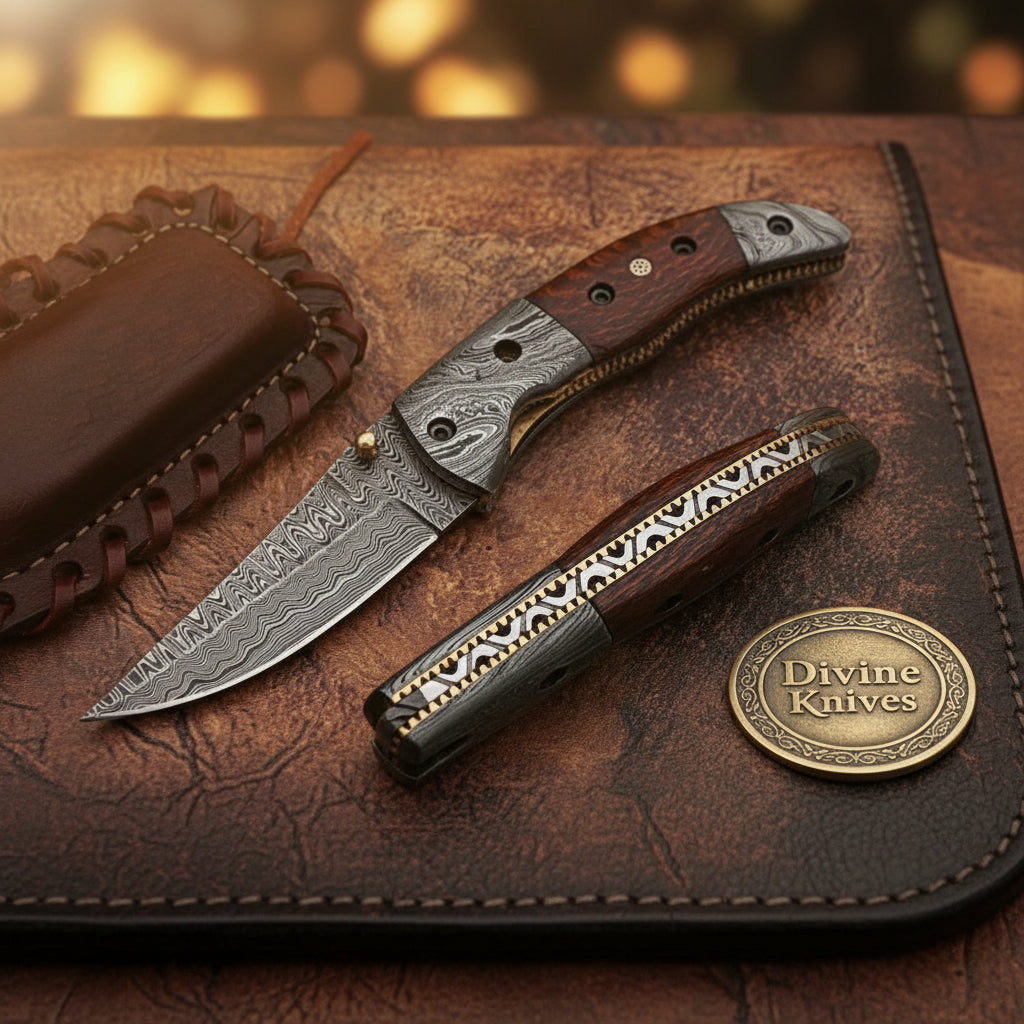 Rosewood Pocket Folding Knife with Forged Bolsters and Laced Leather Belt Pouch