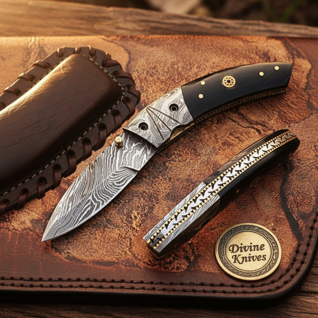 Buffalo Horn Lockback Folding Knife with Mosaic Inlay Pin and Laced Leather Pouch