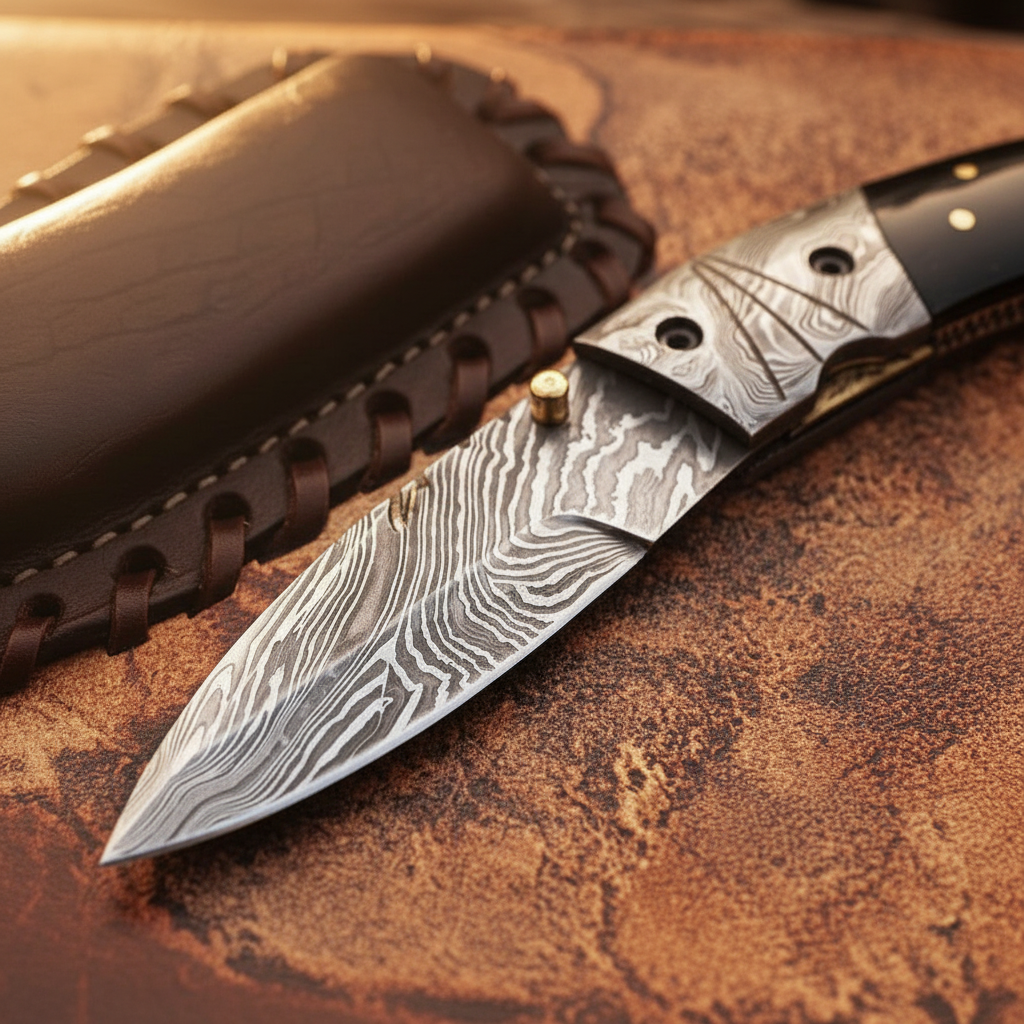 Buffalo Horn Lockback Folding Knife with Mosaic Inlay Pin and Laced Leather Pouch