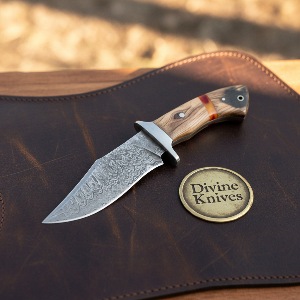 Olive Wood Damascus Clip Point Hunter with Natural Wood Handle