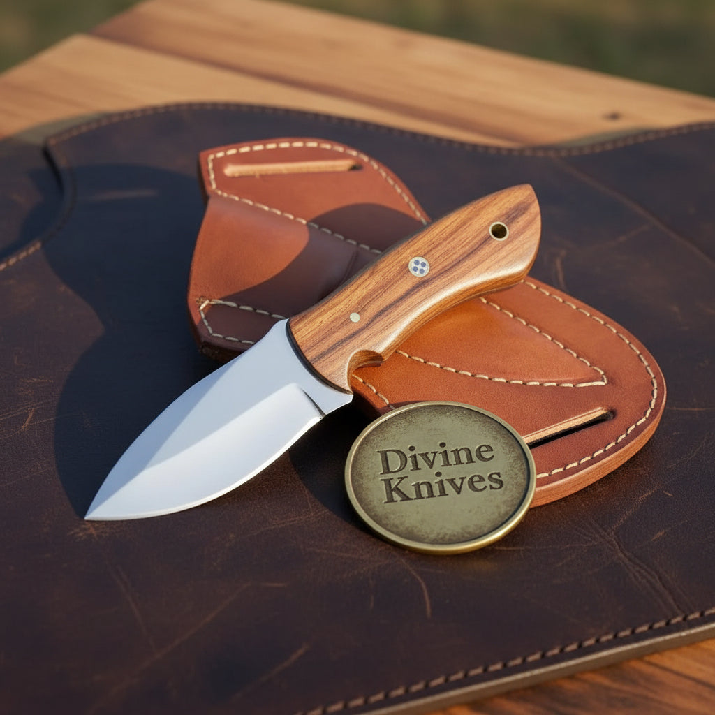 Walnut D2 Steel Mini Dagger with Polished Blade and Leather Sheath