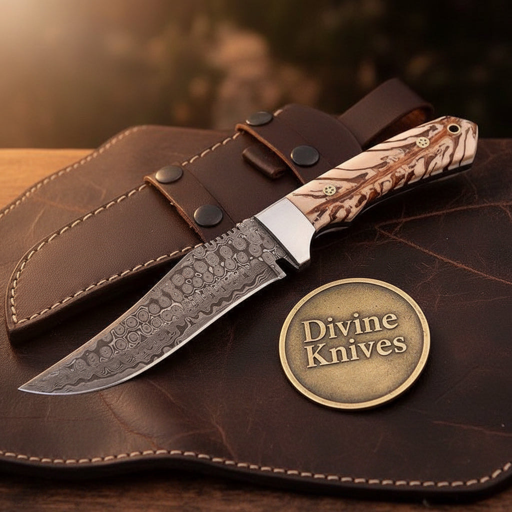 Nile Crocodile Damascus Hunting Knife with Raindrop Blade