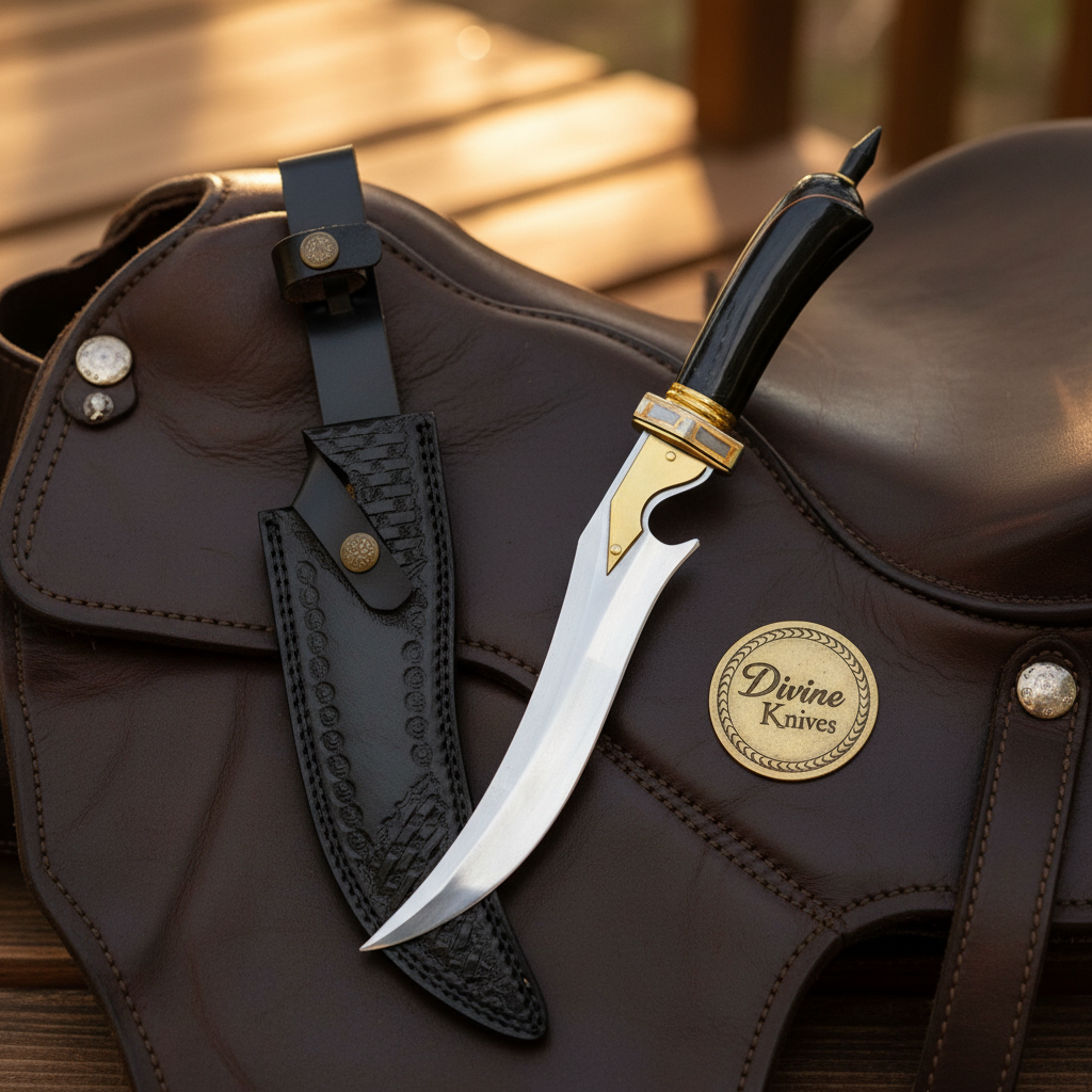 Buffalo Horn Persian Dagger with Mirror Polished Curved Blade and Tooled Black Sheath