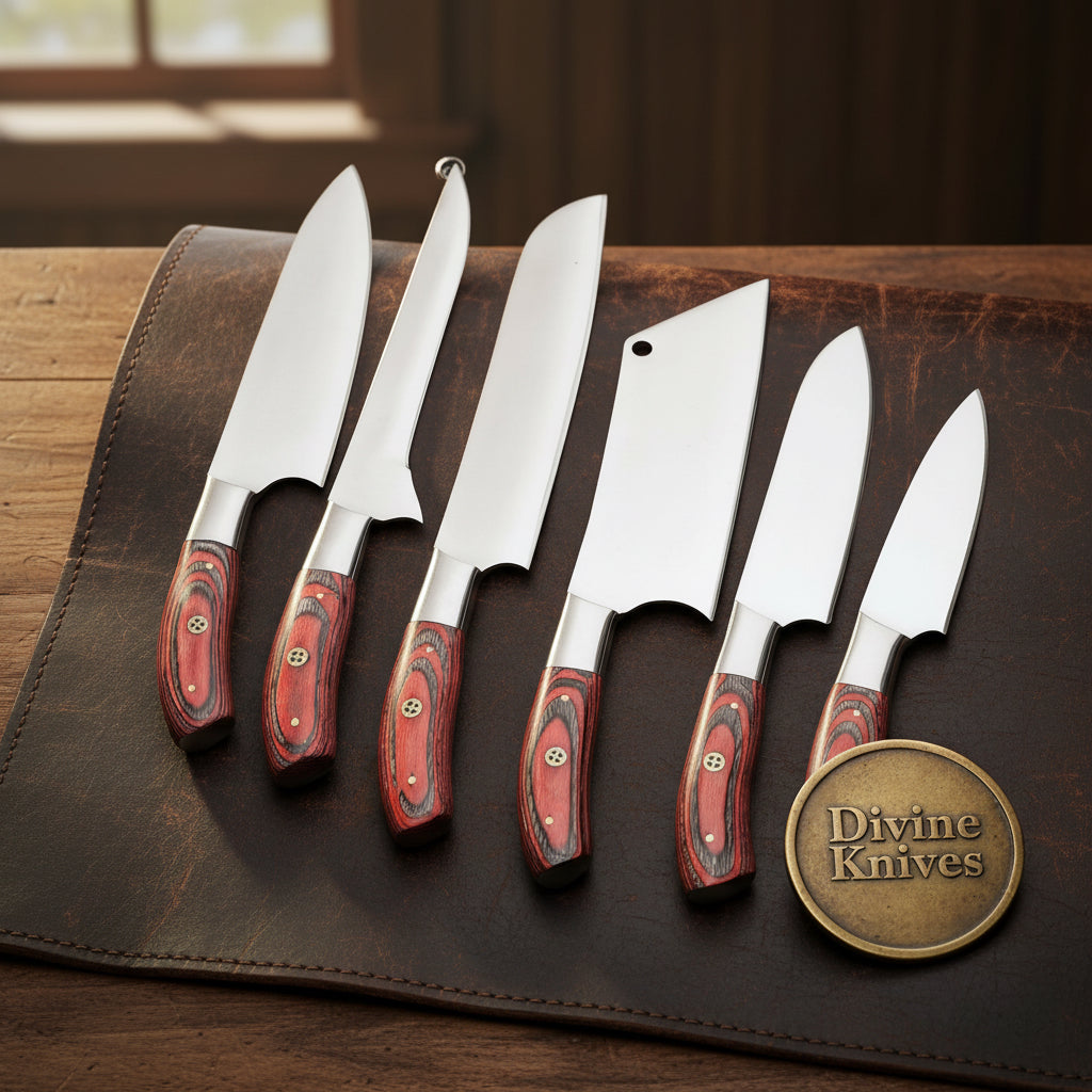 6-Piece Crimson Handle Japanese Chef Knife Set with Layered Handles