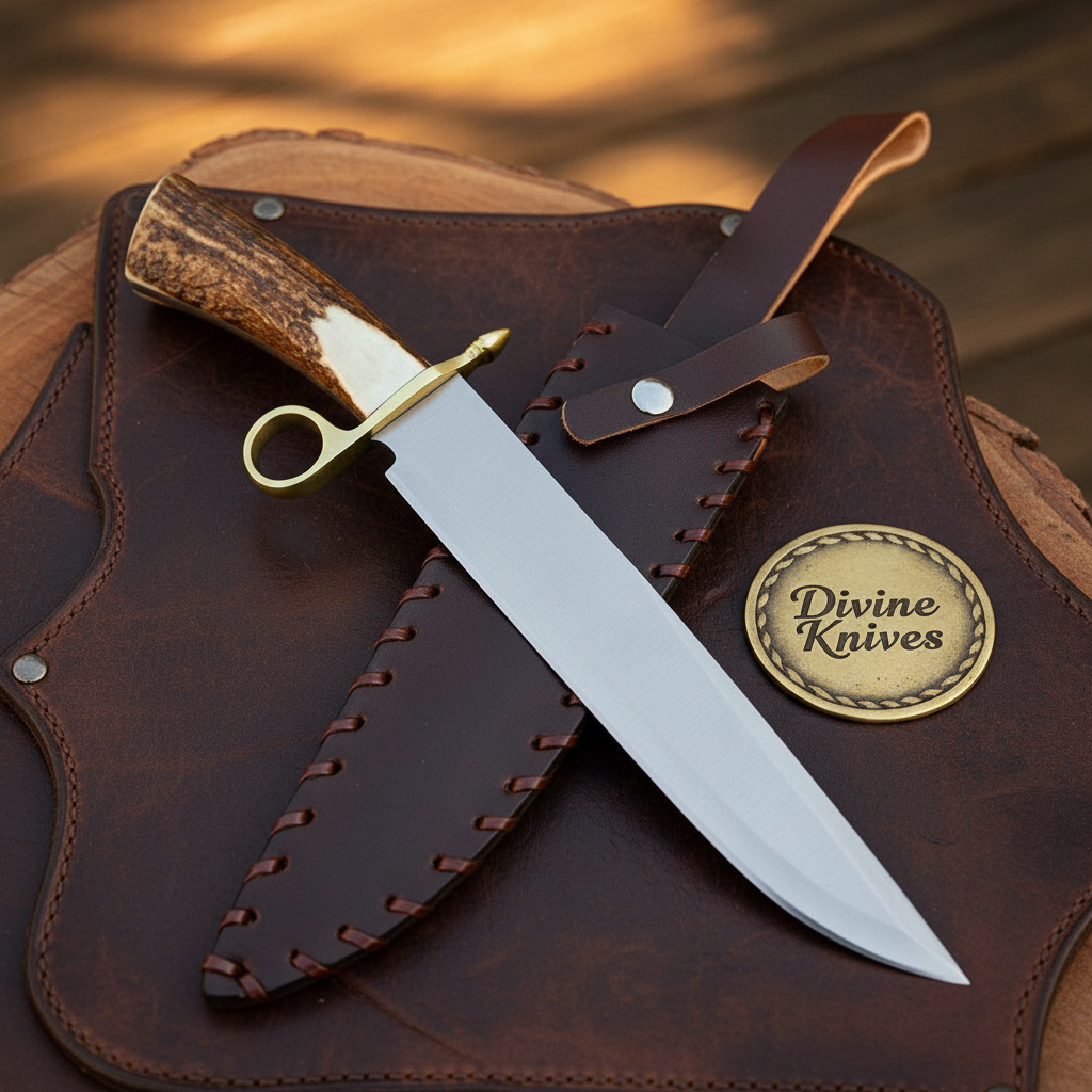 Ring Guard Stag Bowie Knife with Crown Antler Handle and Hand Laced Leather Sheath