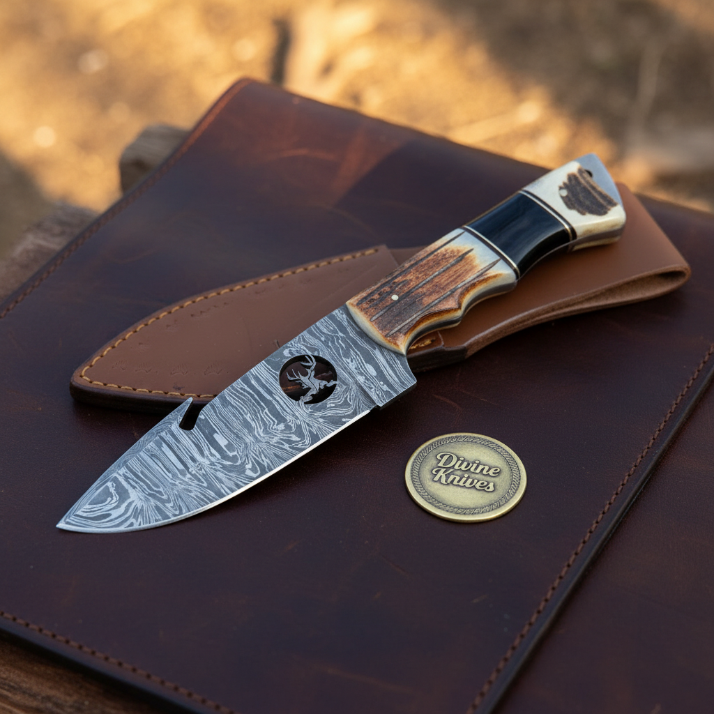 Deer Silhouette Gut Hook Knife with Cutout Blade Artwork and Stag Bone Handle