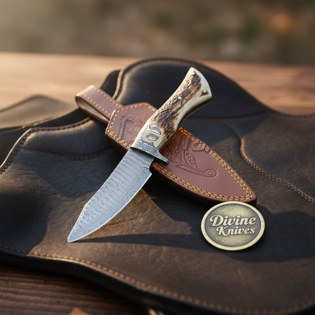 Antler Handle Bushcraft Knife with Engraved Bolster and Hand Tooled Leather Sheath