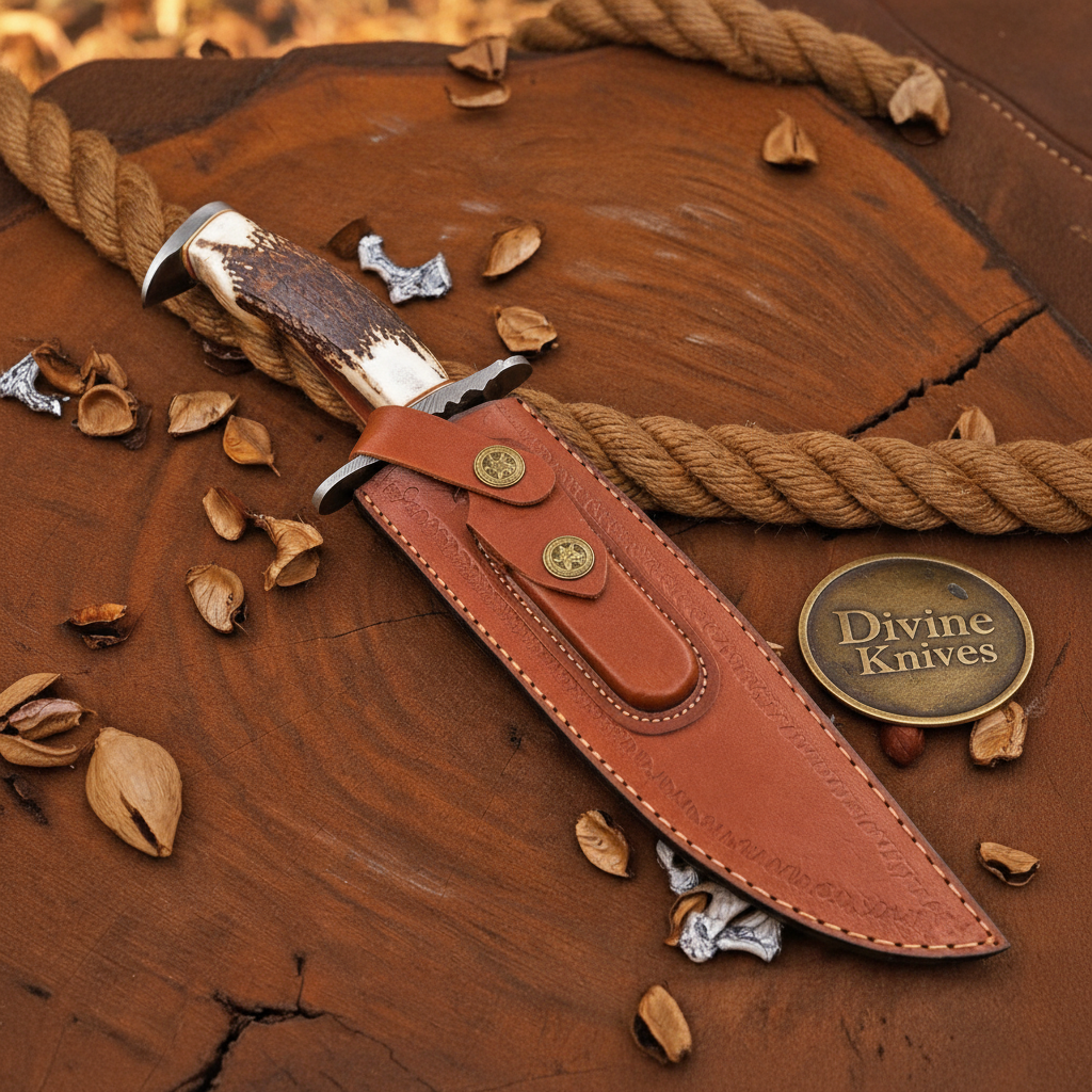 Staghorn Damascus Rambo Bowie with Dual Slots for Heavy Field Work