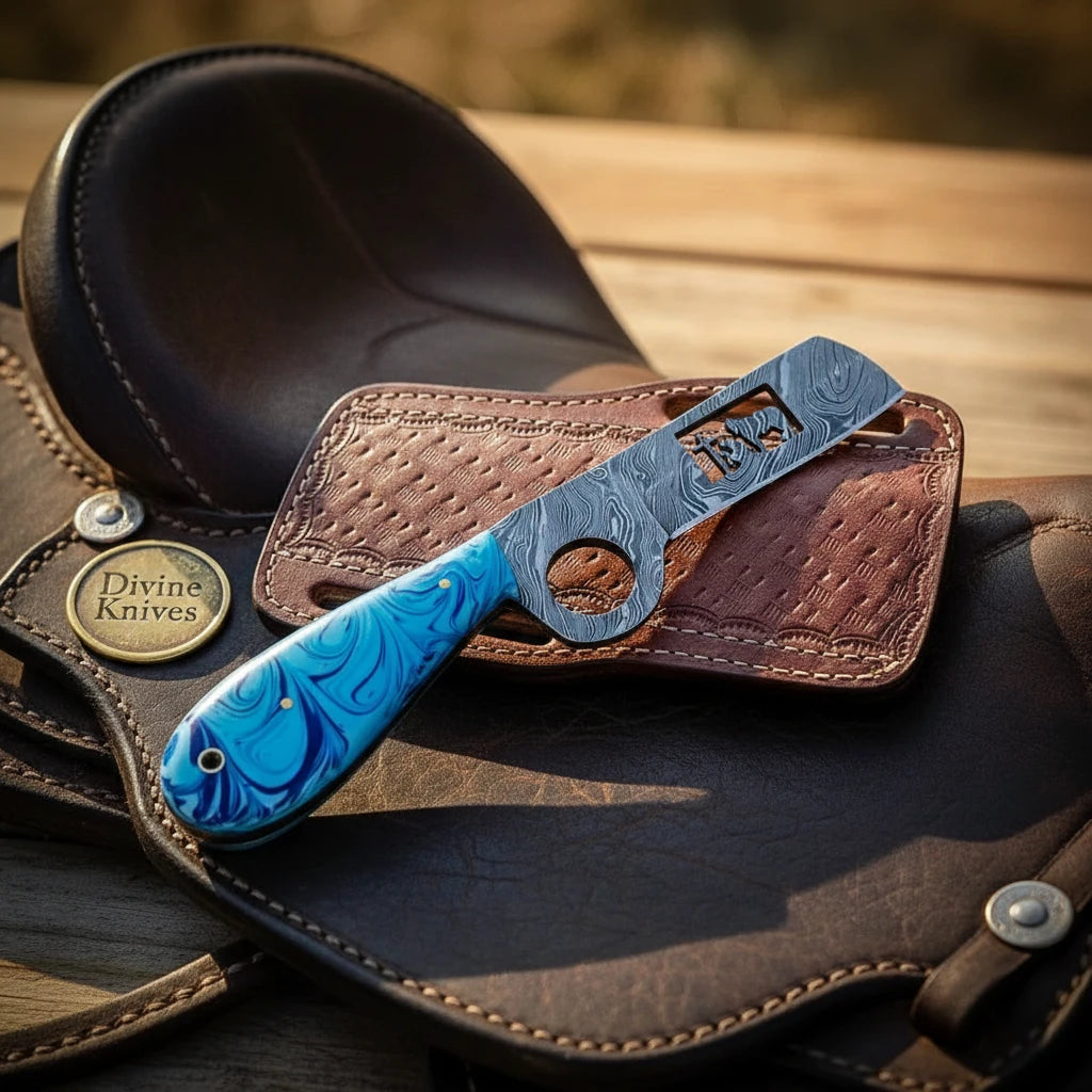 Blue Swirl Mini Bull Cutter Knife with Basket-Weave Sheath