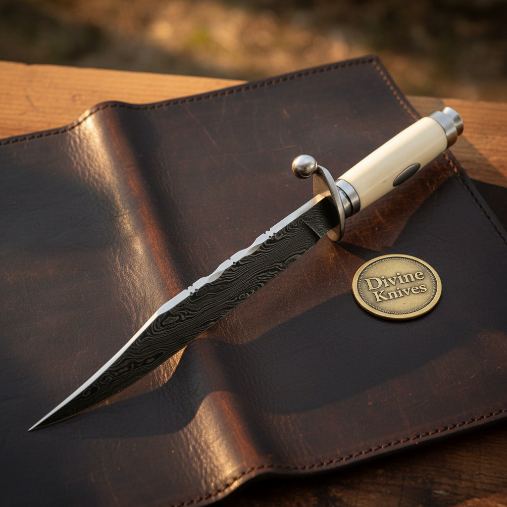 Bone Handle Bowie Knife with Mirror Finished Blade and Hand Stitched Leather Sheath