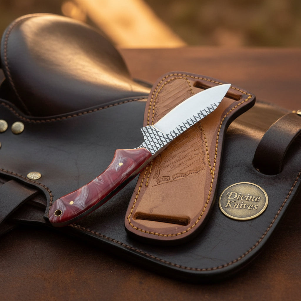 Maroon Finger Groove Rasp Skinner Knife with leather sheath