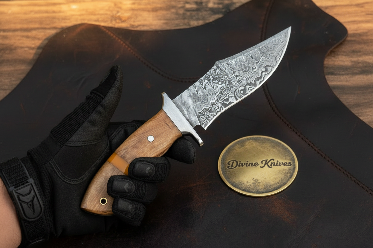 Olive Wood Damascus Clip Point Hunter with Natural Wood Handle