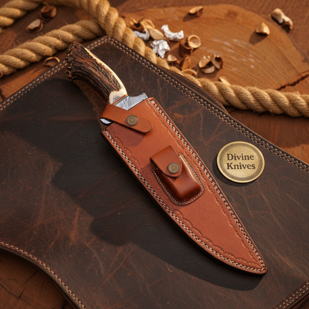 Crown Stag Damascus Bowie Rambo Knife with Natural Crown Stag Handle