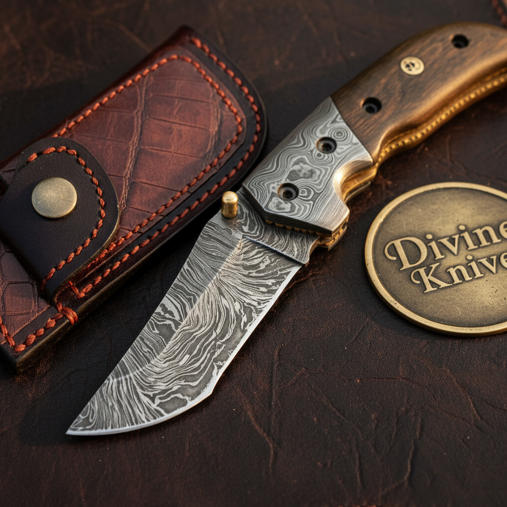 Walnut Handle Folding Knife with Brass Liners and Crocodile Print Leather Belt Pouch