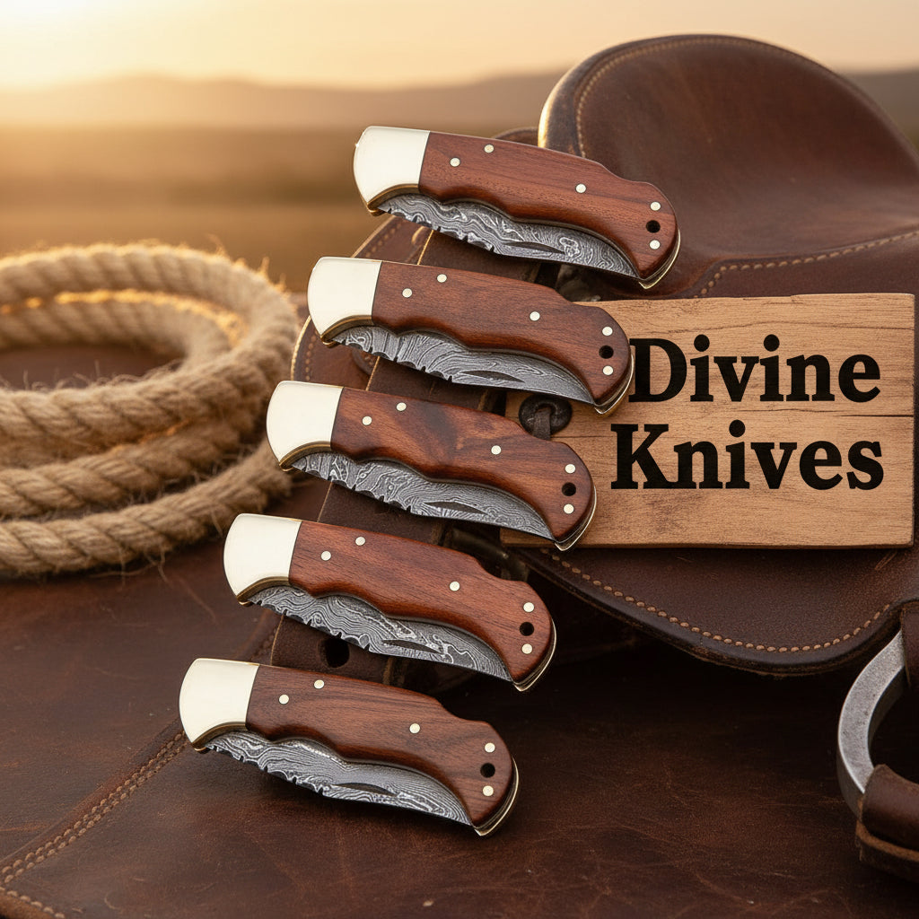 Rosewood Goldcap Lockback Set with Wood Grain Damascus Blades