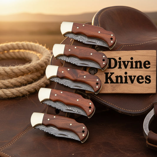 Rosewood Goldcap Lockback Set with Wood Grain Damascus Blades