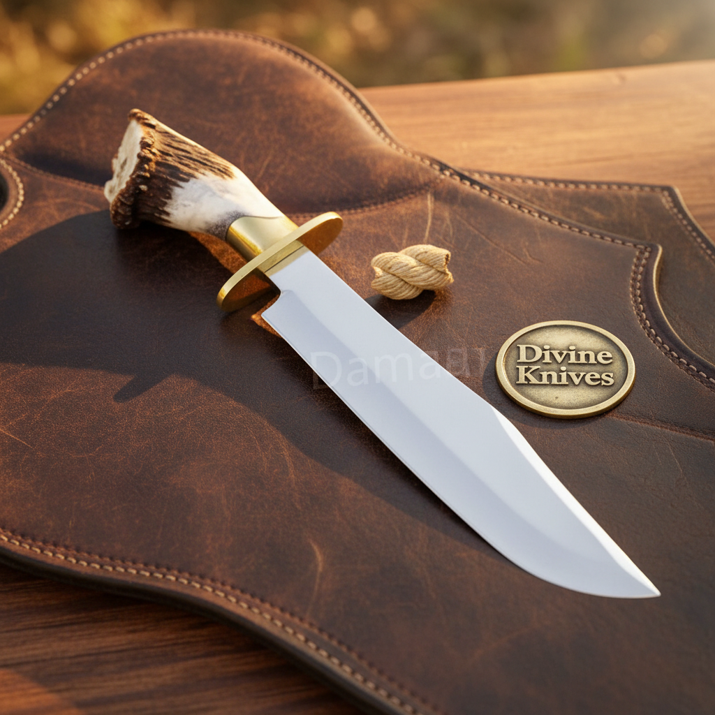 Crown Antler D2 Steel Brass Clip-Point Bowie with Dog-Leg style Handle