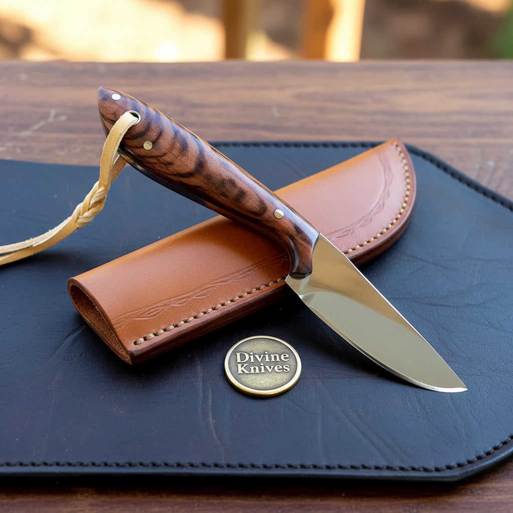 Burl Wood Drop Point Cowboy Skinner with Polished Blade