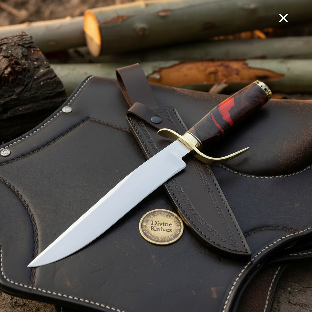 Red Micarta Handle Bowie Knife with Polished Drop Point Blade and Tooled Black Sheath