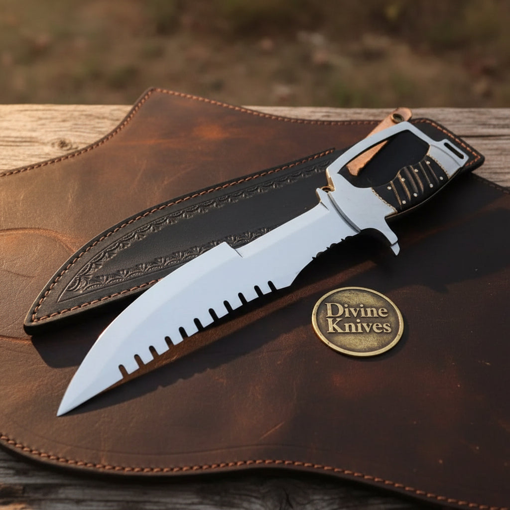 Full-Tang D-Guard Sawback Tracker Bowie Knife with Sawback Spine