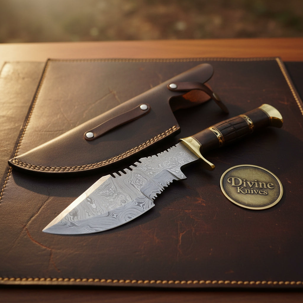Brass Inlay Sawback Skinner with Banded Hardwood Handle and Snap Close Leather Sheath