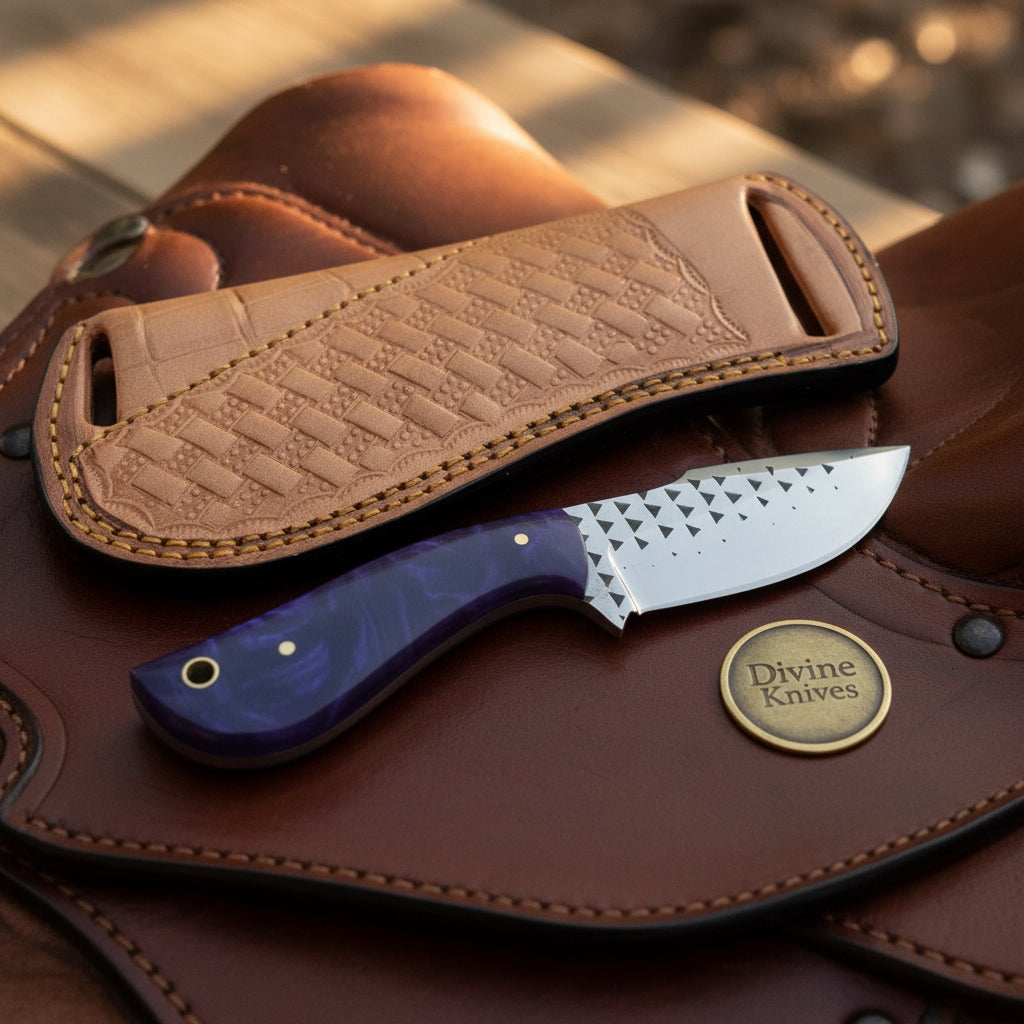 Purple Swirl Resin Rasp Cowboy Knife with Marbled Purple Handle