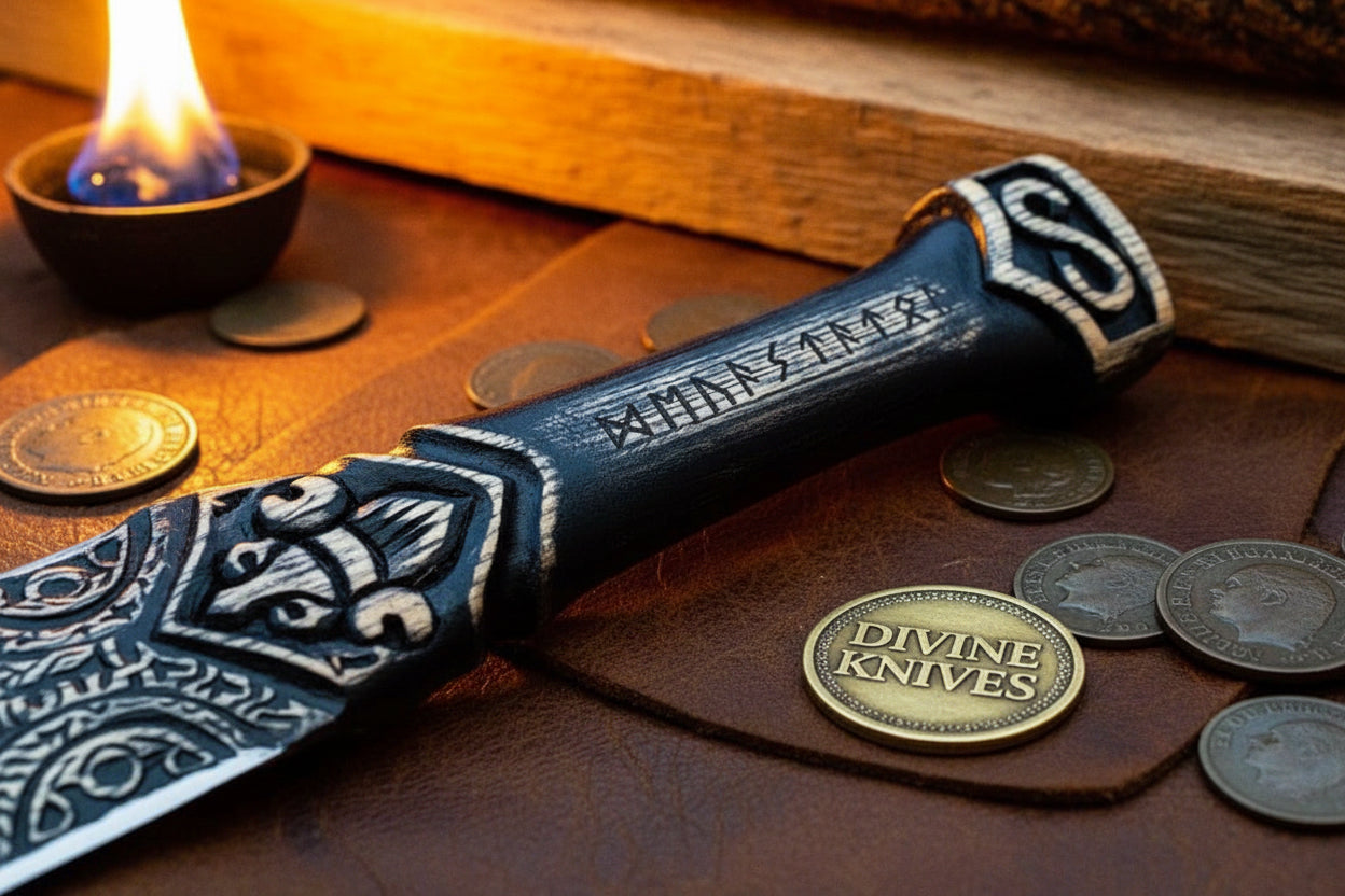 Valknut Odin Thor's Hammer with Carved Rune Handle