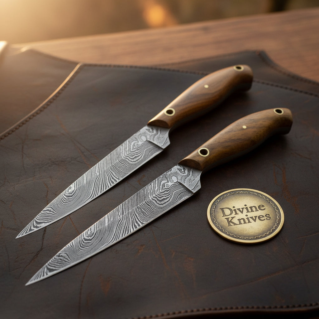 Marshwren Walnut Wood Damascus Steel Bird and Trout Knife Pair