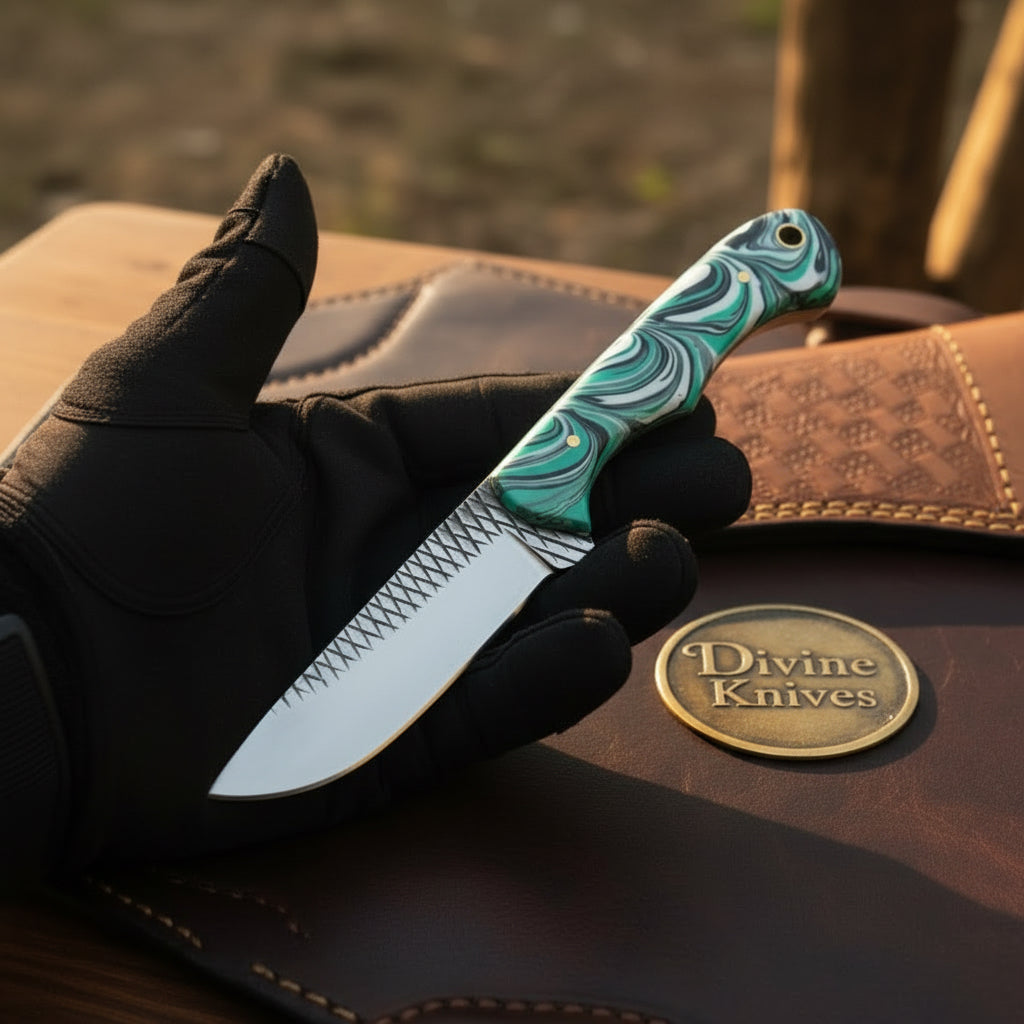 Green Swirl Resin Rasp Cowboy Knife with Clip Point Blade