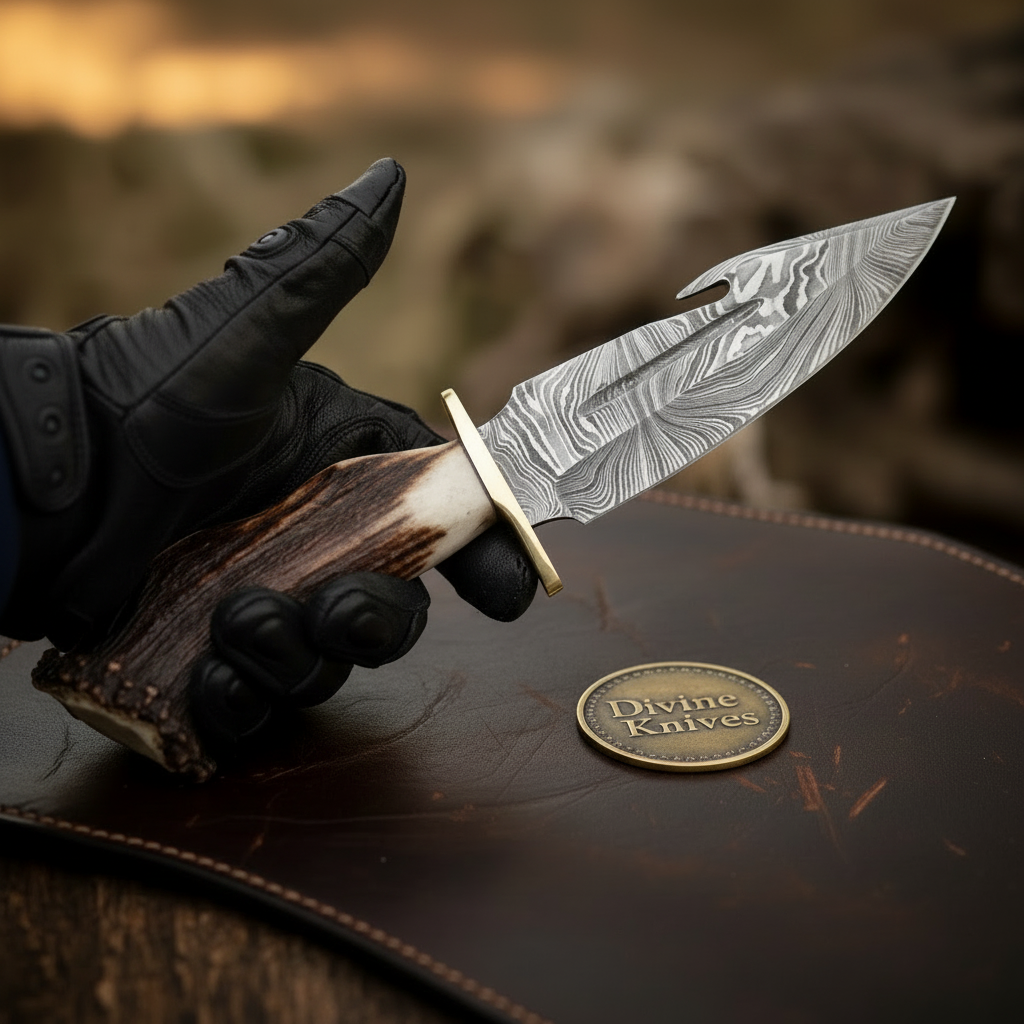 Crown Stag Damascus Gut Hook Knife for Hunting and Field Dressing