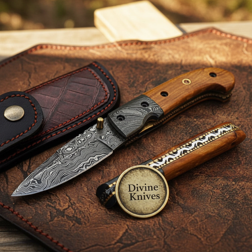 Olive Wood Damascus Spear Point Folder with Natural Wood Scales