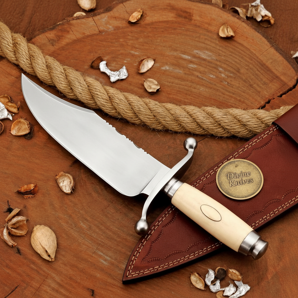 Bone Handle Bowie Knife with Mirror Finished Blade and Hand Stitched Leather Sheath