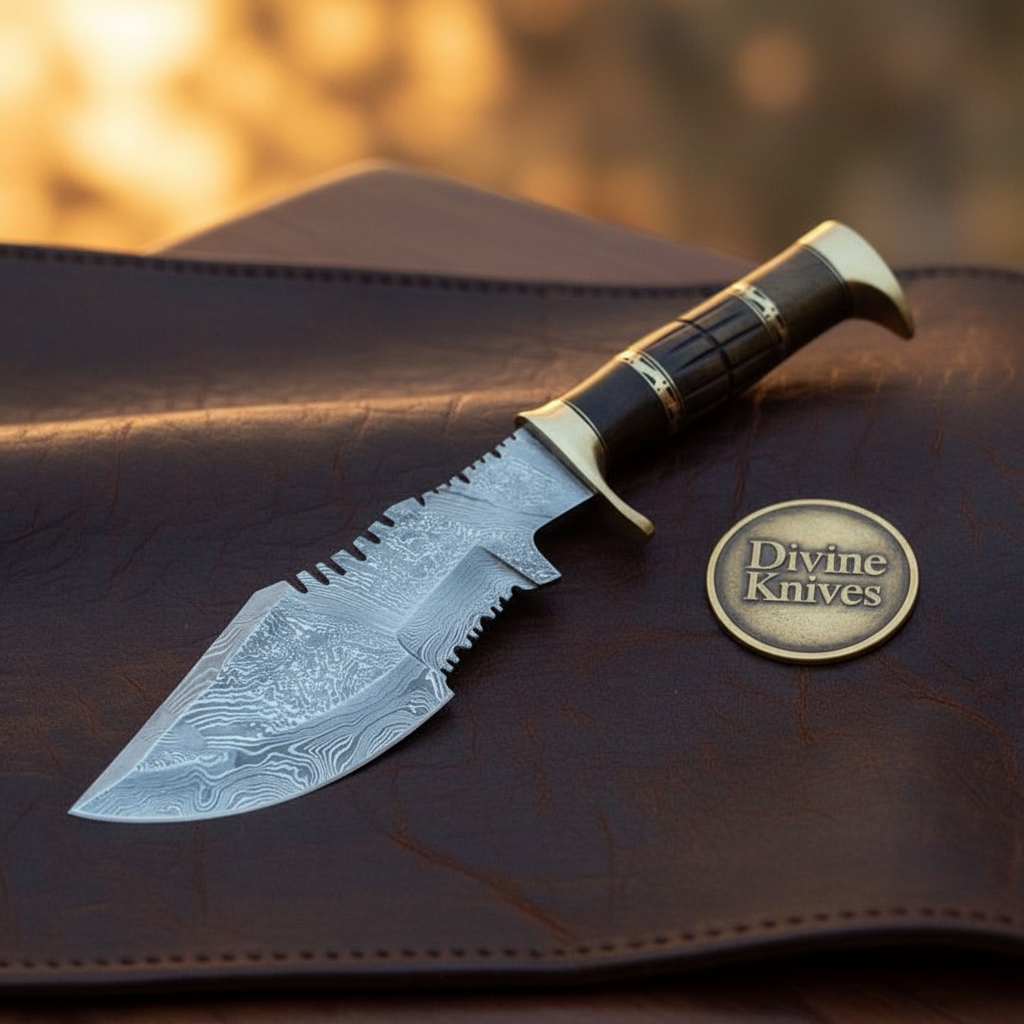 Sawback Grooved Ebony Damascus Survival Tracker with Functional Spine