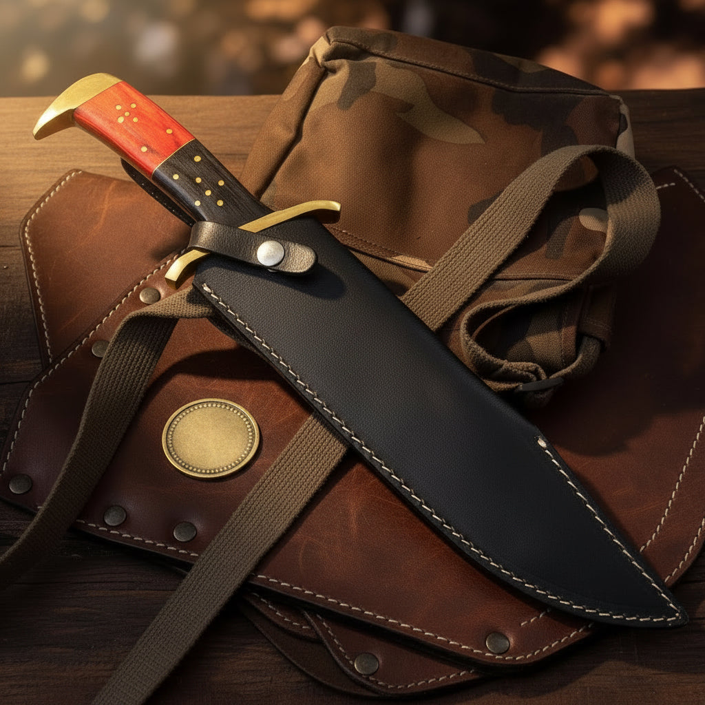 Twist Pattern Classic Bowie Knife with Red Pakkawood Handle & Brass Guard
