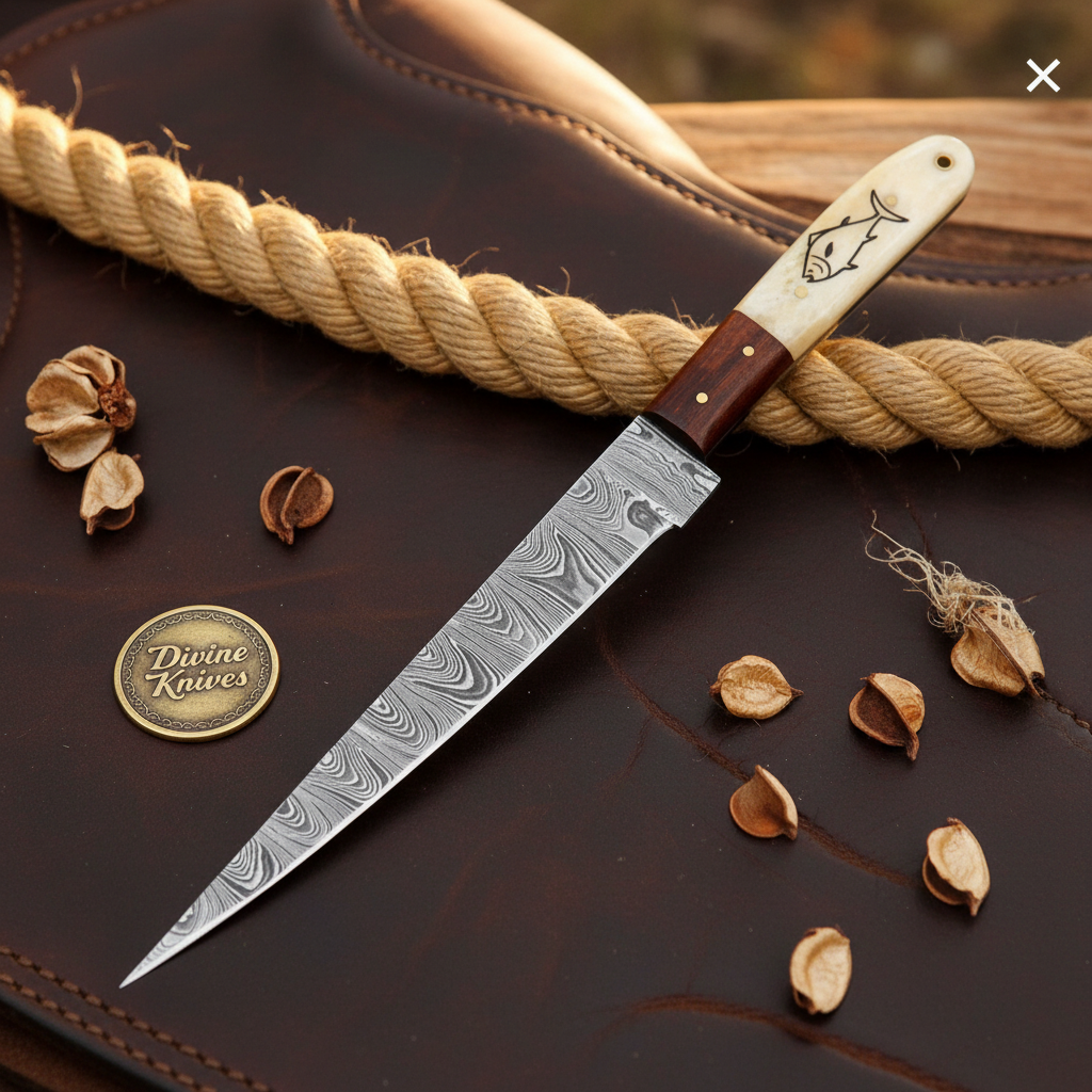 Camel Bone Fillet Knife with Flexible Forged Blade and Engraved Fish Motif Handle