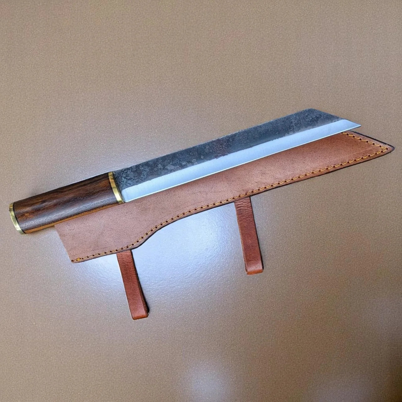Hand-Forged Butcher Cleaver Knife with Rosewood Handle & Leather Sheath