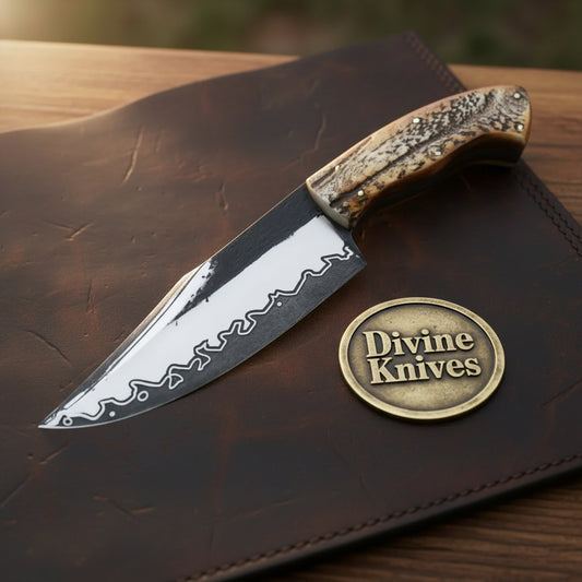 San Mai Bushcraft Hunter Knife with Stag Antler Handle for Field Dressing and Camp Use
