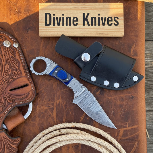 Cobalt Ring Damascus Skinner with Integral Steel Handle