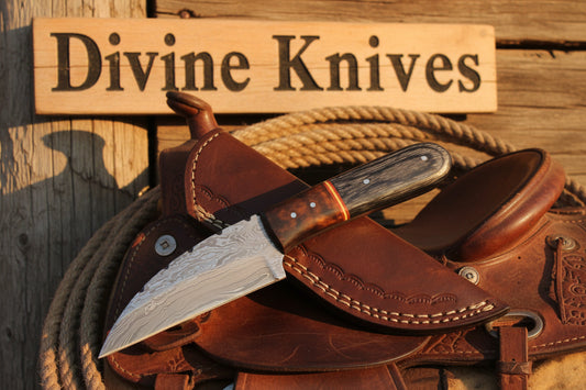 Copper Banded Two-Tone Wood Damascus Clip Point Hunting Knife