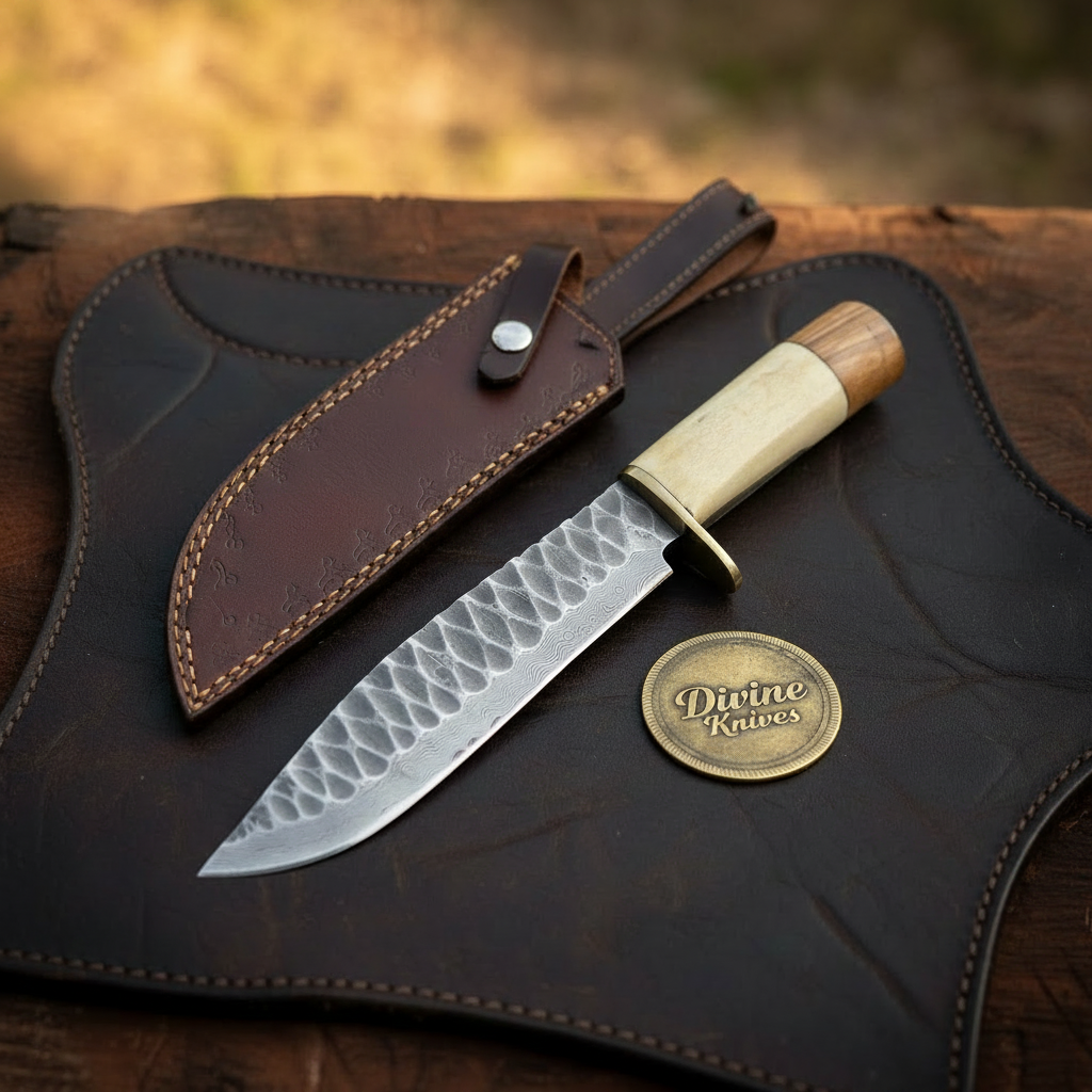 Hammered Bone Handle Camp Knife with Dimpled Forged Blade and Snap Leather Sheath