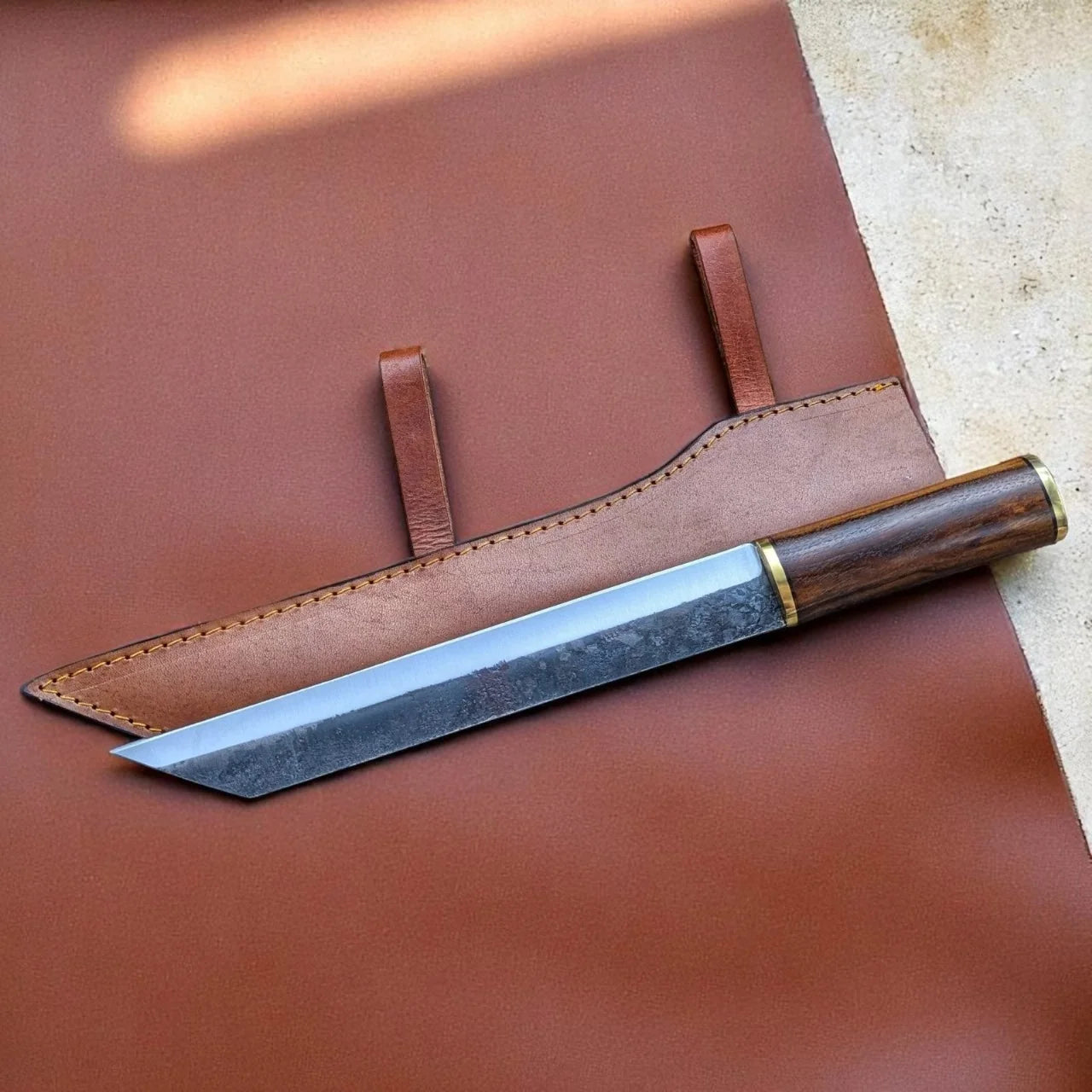 Hand-Forged Butcher Cleaver Knife with Rosewood Handle & Leather Sheath
