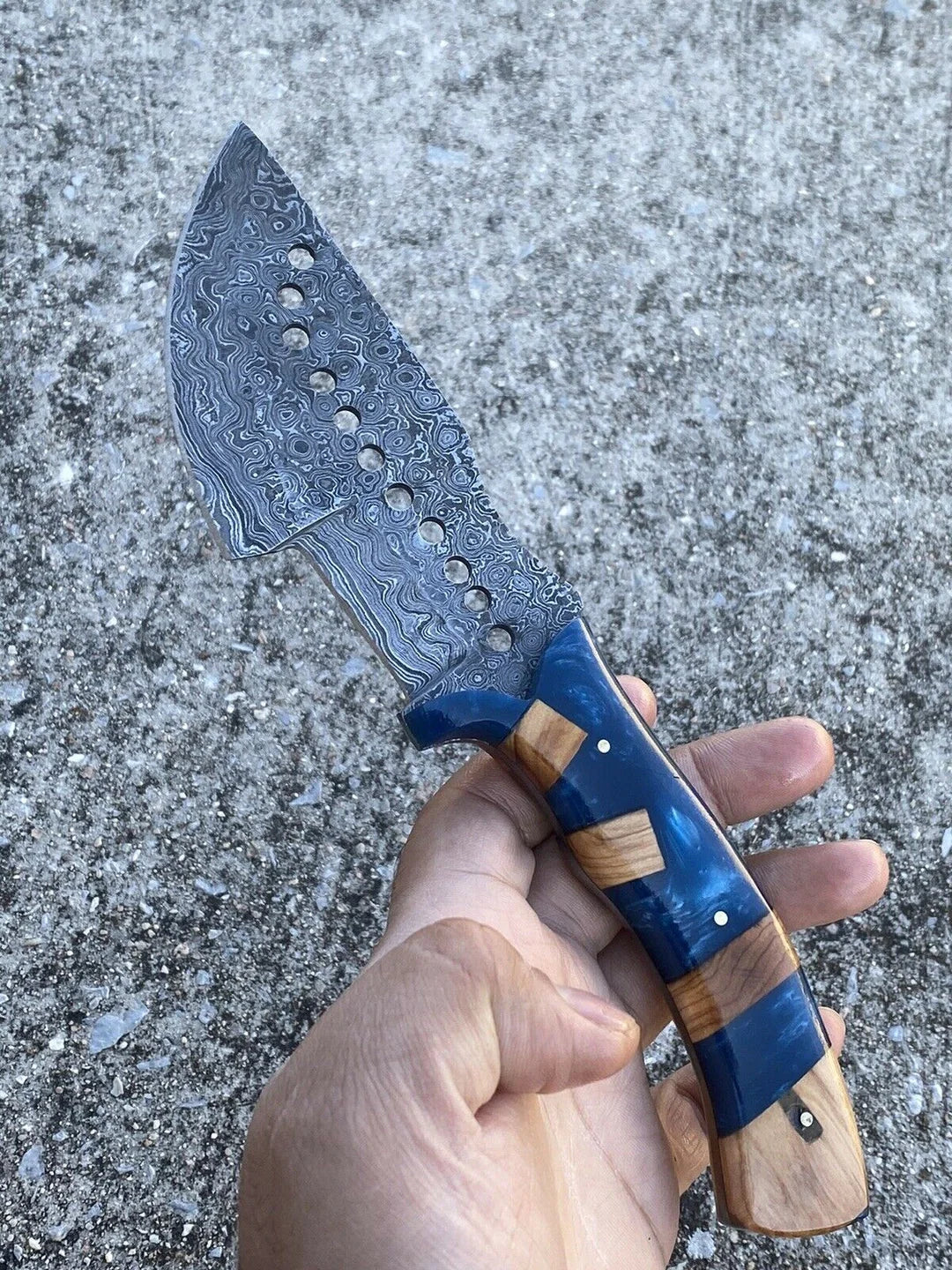 Drilled Blade Tracker Knife with Blue Resin & Olive Wood Handle