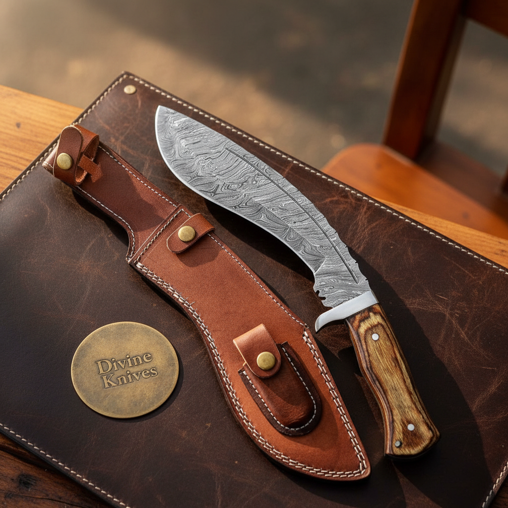Hardwood Damascus Gurkha Kukri with Natural Wood Handle