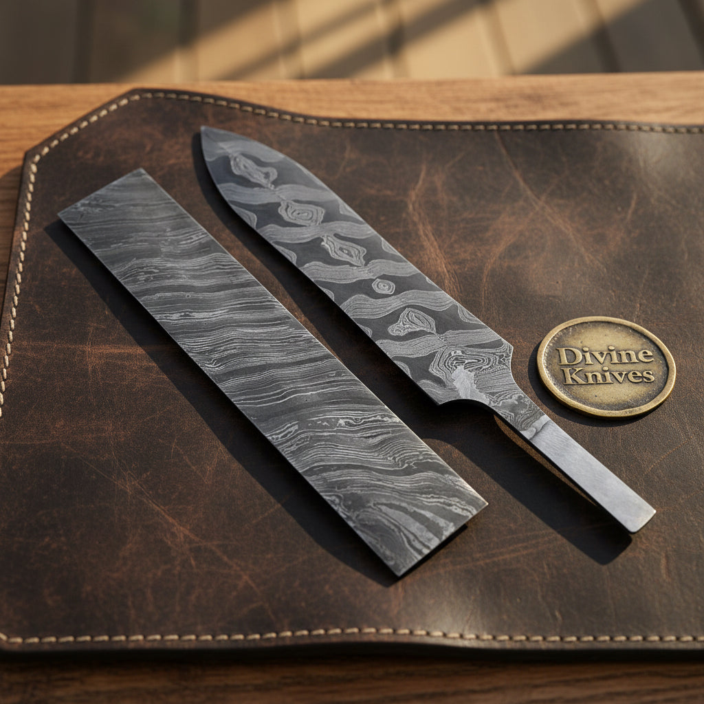 Damascus Zebra Pattern Billet Set with Shaped Blade Blank