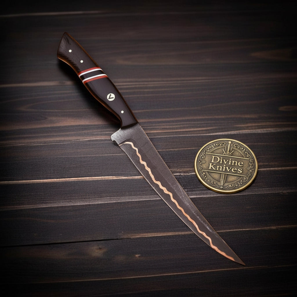 Copper Mai Damascus Fillet Knife with San Mai Copper Line Blade