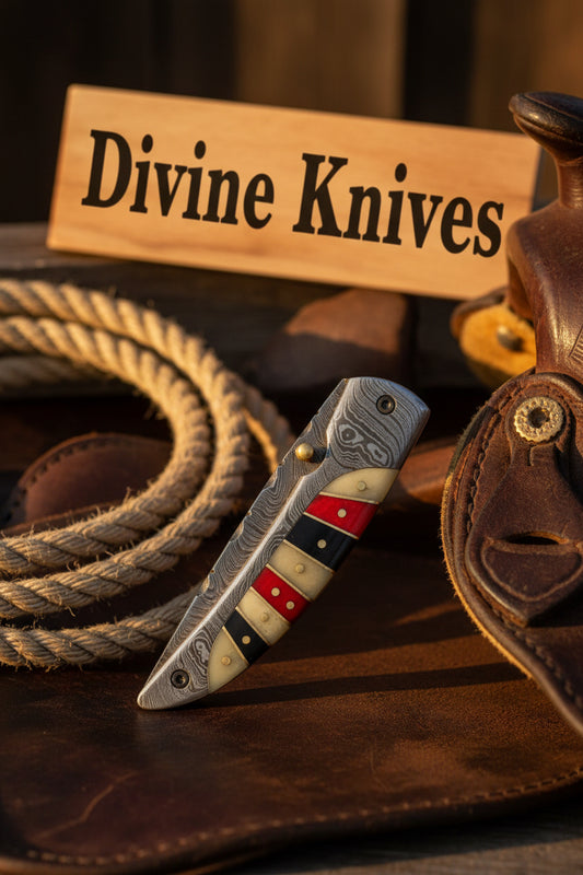 Striped Damascus Folder with Banded Handle and Damascus Bolsters