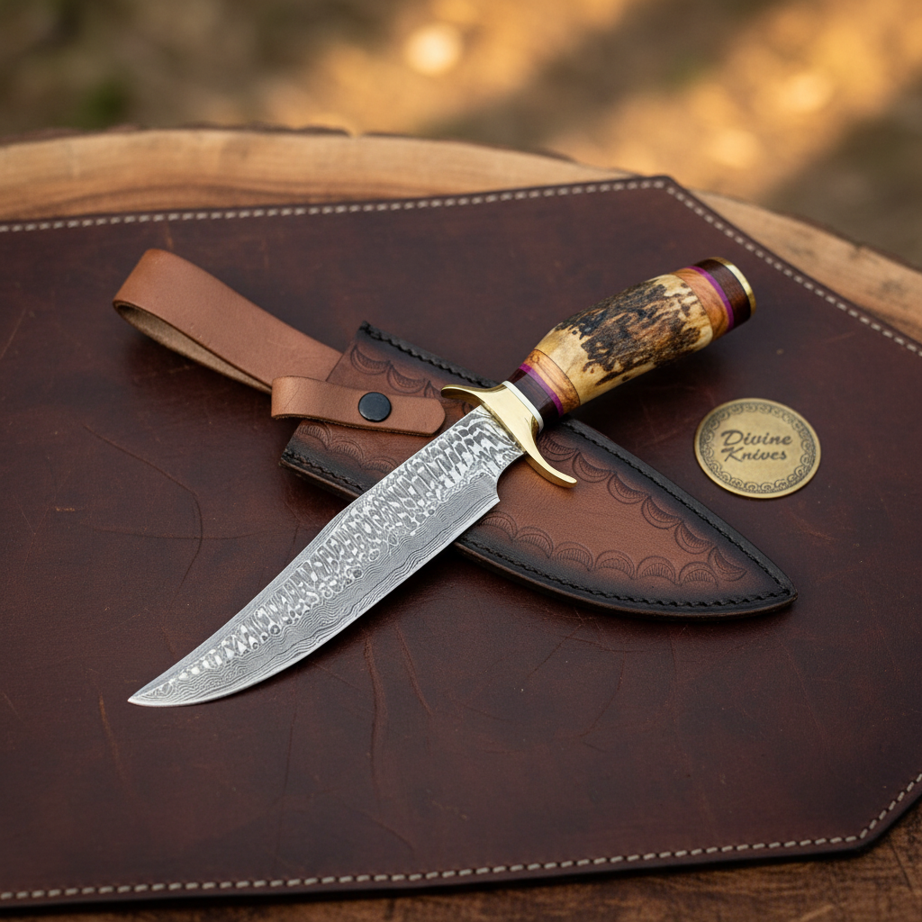 Stag Horn Segmented Damascus Classic Bowie with Banded Handle